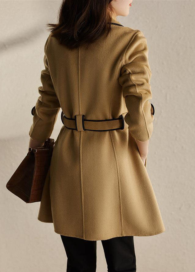 Black Notched Patchwork Pockets Tie Waist Woolen Coats Fall