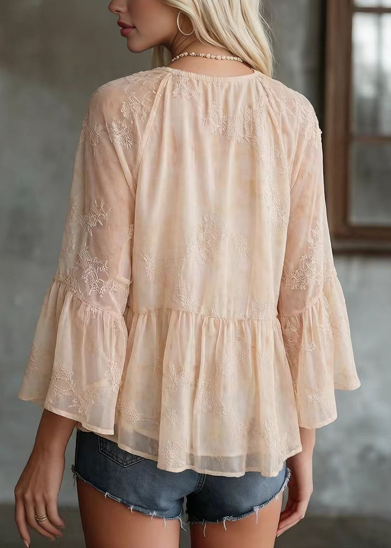 Yellow V Neck Patchwork Chiffon Top Bracelet Sleeve