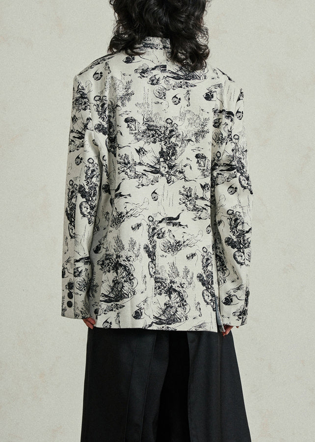 White V Neck Pockets Print Coat Fall