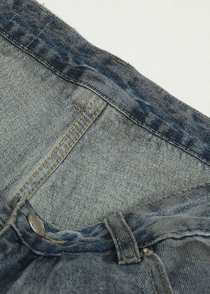 Blue False Two Pieces Patchwork Ripped Denim Pants Spring
