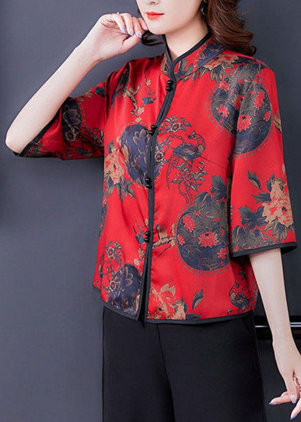 Red Mandarin Collar Button Silk Shirt Half Sleeve