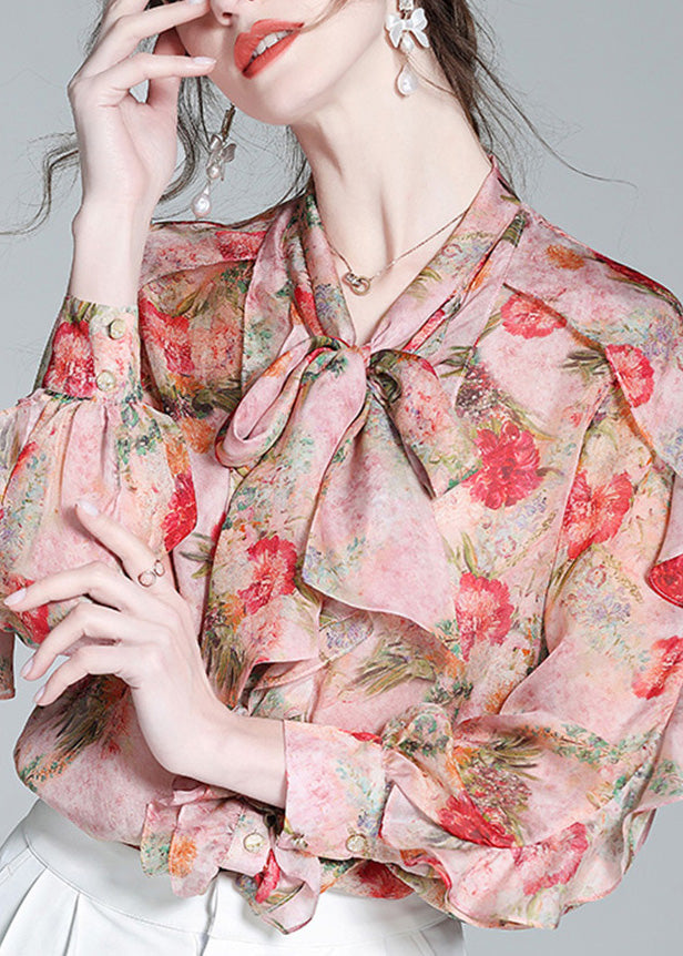 Pink O-neck Ruffled Print Bow Silk Shirt Spring