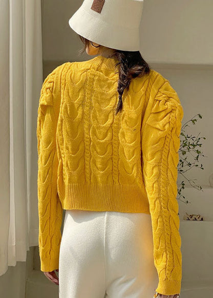 Yellow Puff Sleeve Nail Bead Knit Loose Sweaters Spring Coat