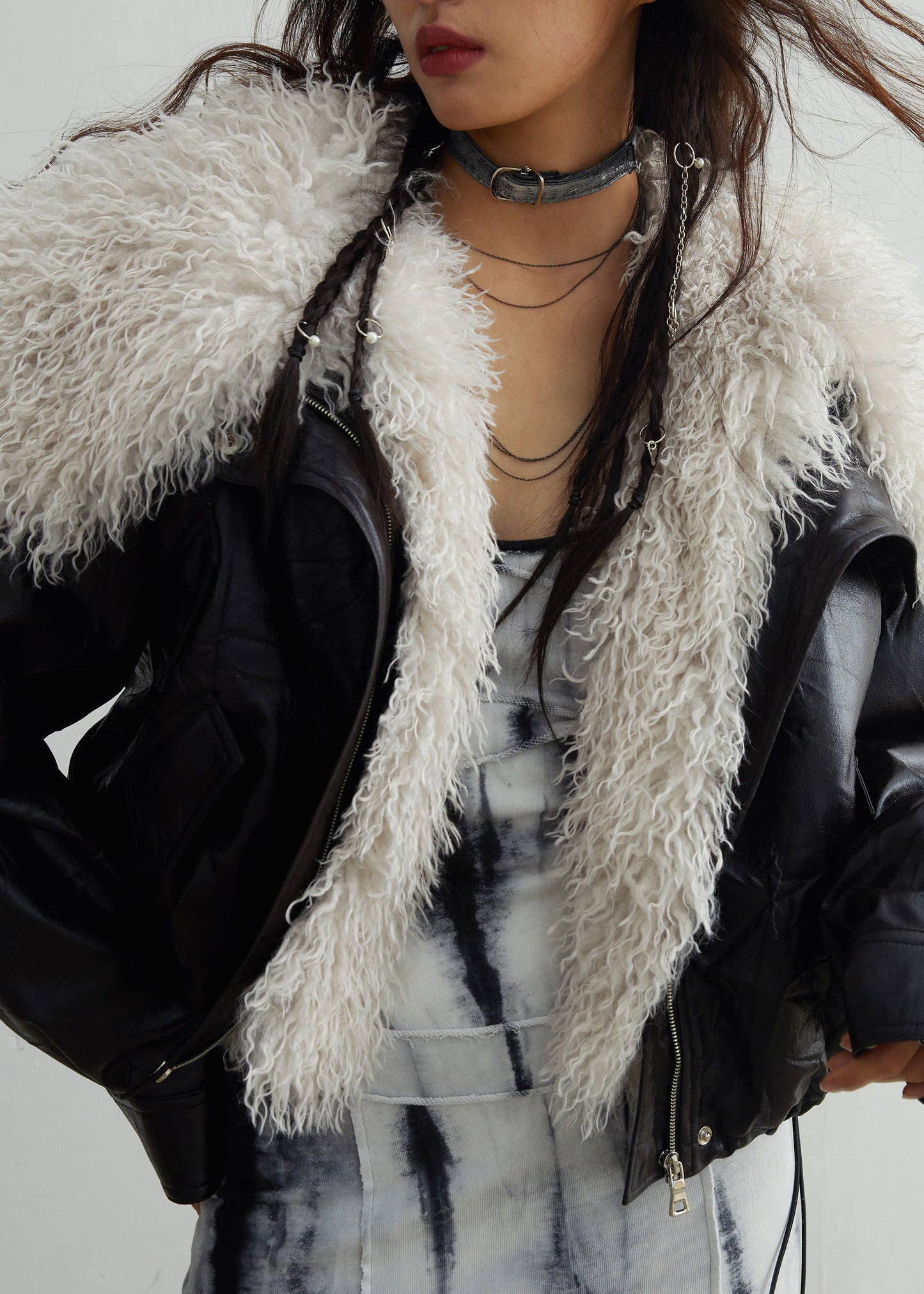 Black Fur Collar Patchwork Detachable Pu Jacket Winter