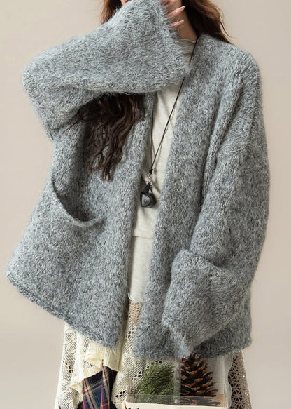 Loose Grey V Neck Pockets Knit Cardigans Spring