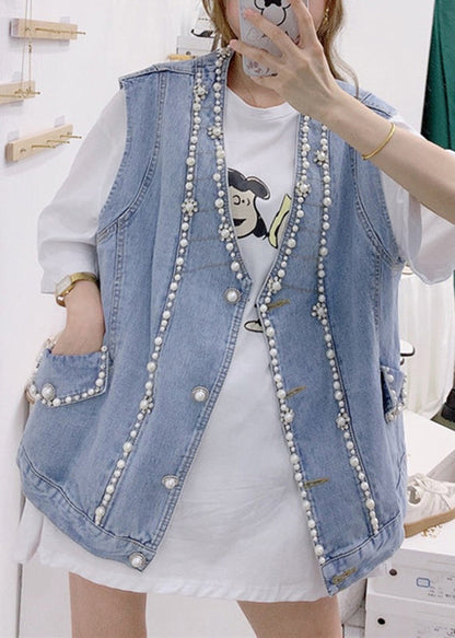 Blue V Neck Patchwork Nail Bead Denim Waistcoat Fall