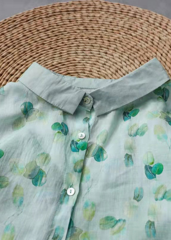 Light Green Peter Pan Collar Print Shirt Tops Long Sleeve