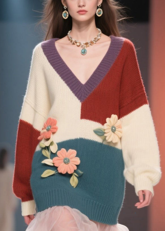 Colorblock V Neck Tulle Knit Sweater Dress Fall