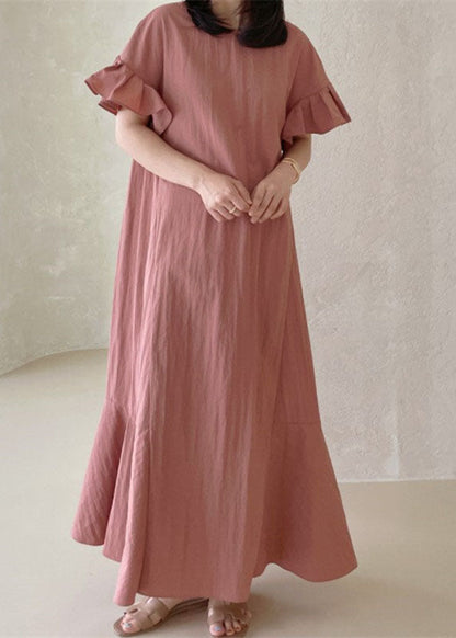 Pink O-neck Ruffled Patchwork Cotton Dresses Summer