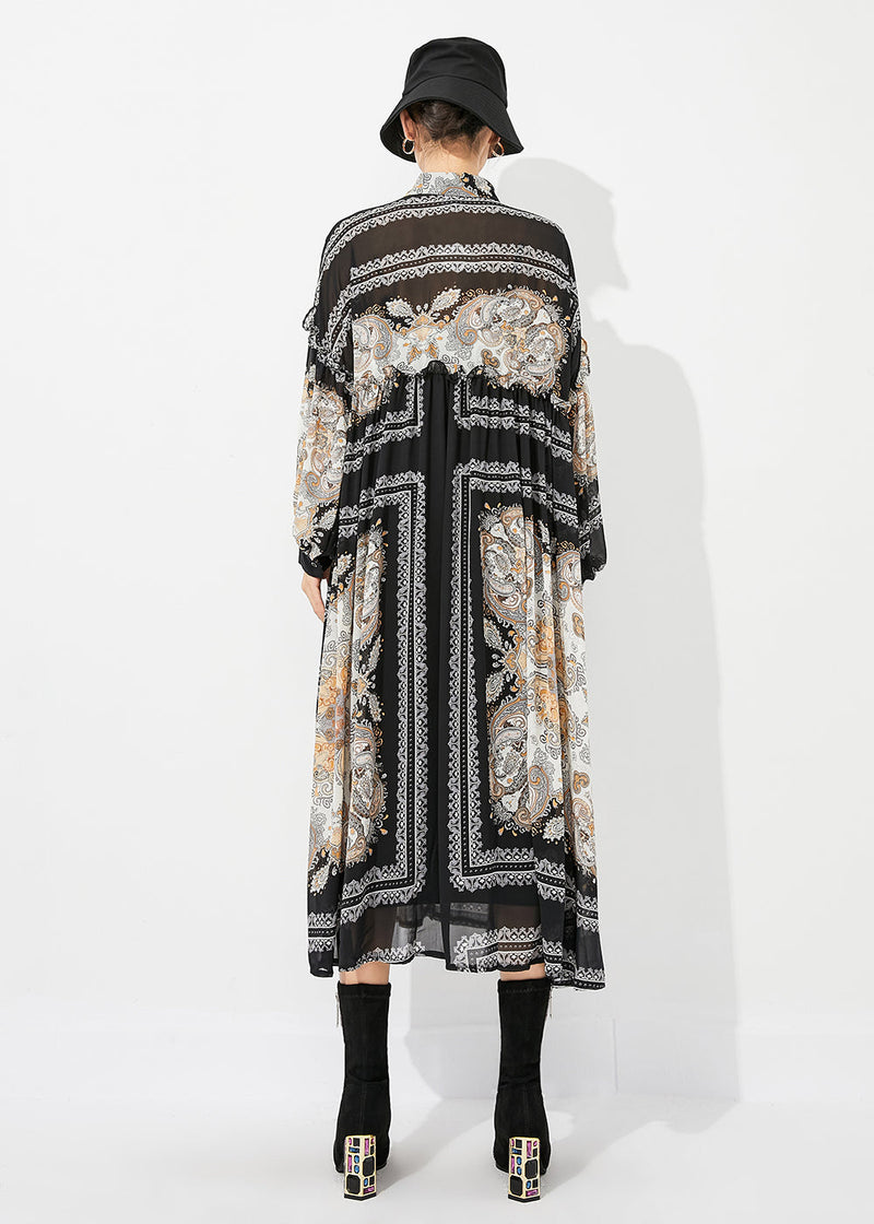 Black Print Oversized Wrinkled Chiffon Long Dresses Spring
