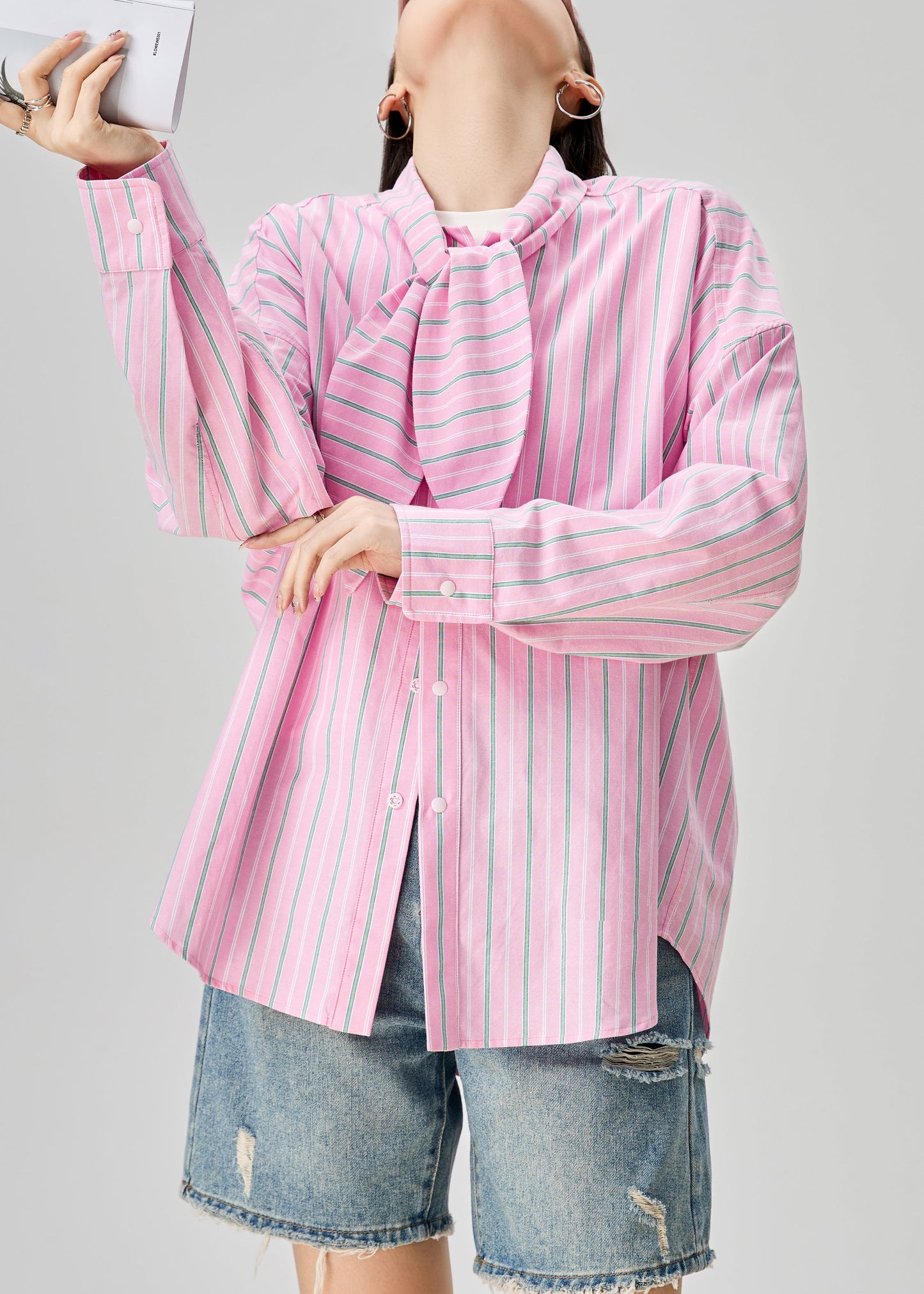 Pink Bow Striped Button Cotton Blouse Fall