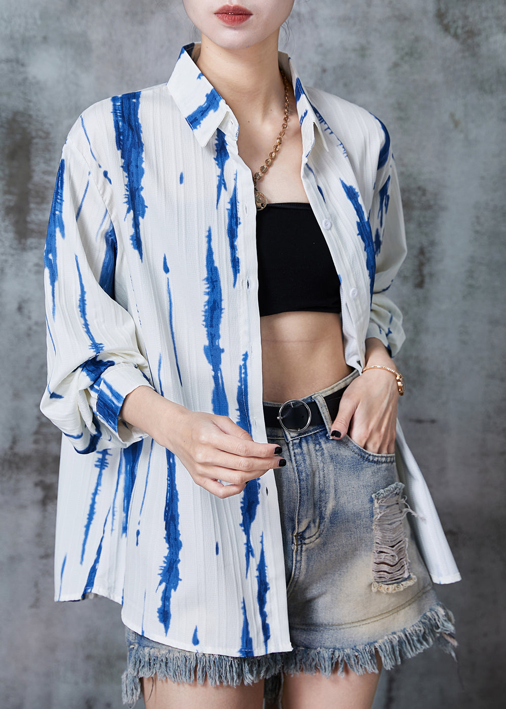 Diy Blue Tie Dye Wrinkled Cotton Shirts Summer