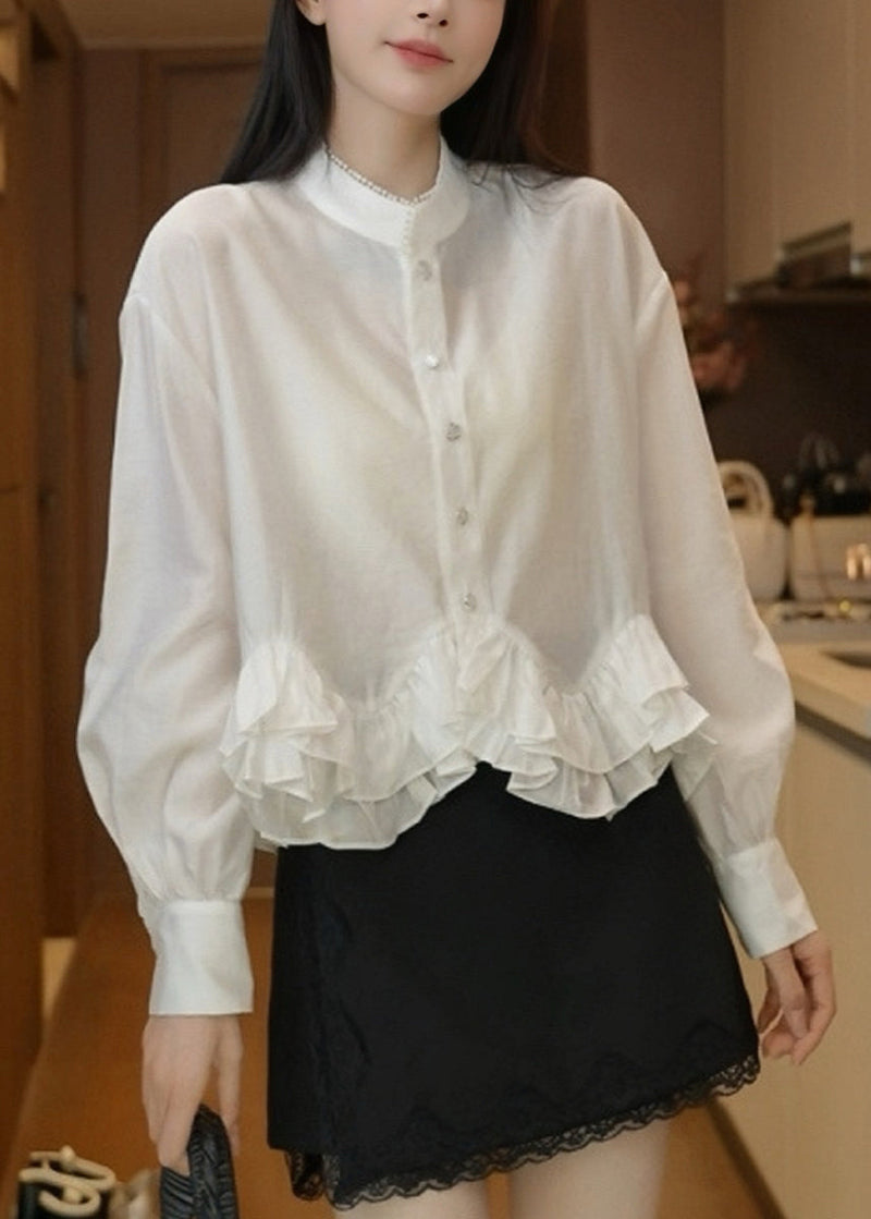 White Stand Collar Ruffled Cotton Blouses Fall