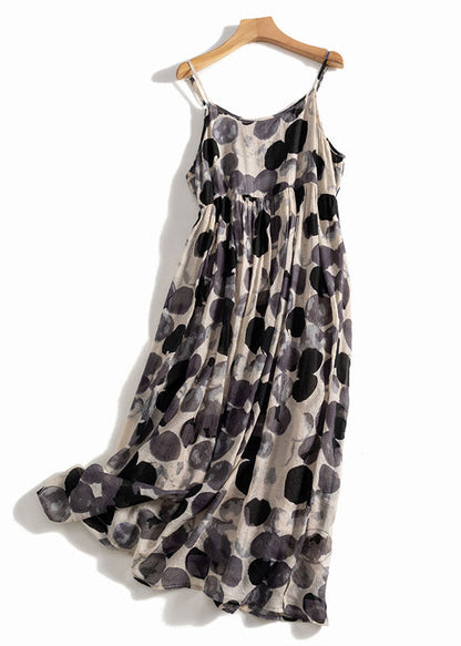 Green Tie Dye Dot Print Exra Large Hem Linen Spaghetti Strap Dress Summer