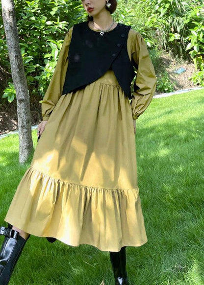 Khaki Patchwork Button Fall Maxi Dress Long Sleeve