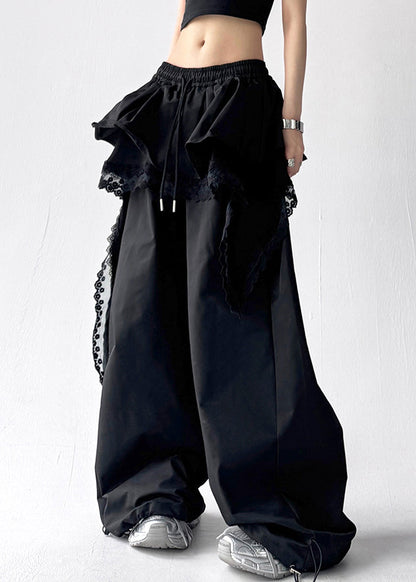 Fine Black Asymmetrical Lace Elastic Waist Cotton Pants Fall