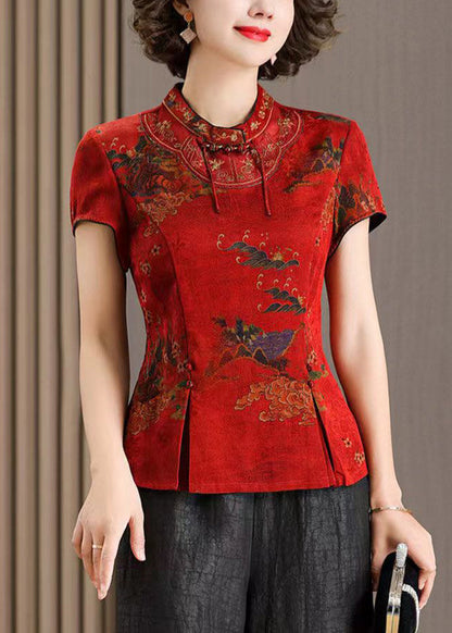 Red Stand Collar Print Side Cpen Silk T Shirt Summer