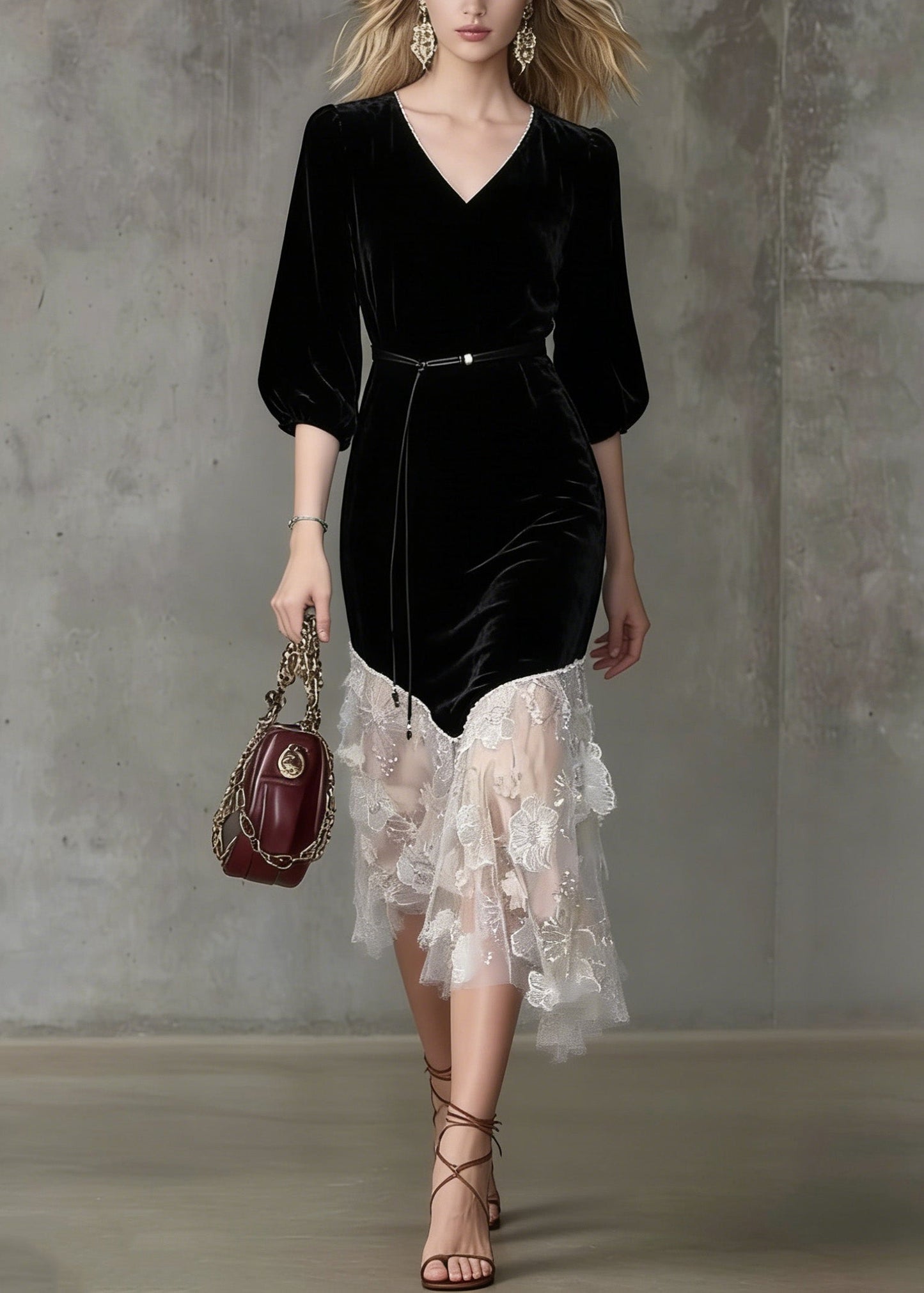 Stylish Black O Neck Embroidered Patchwork Velvet Dress Spring
