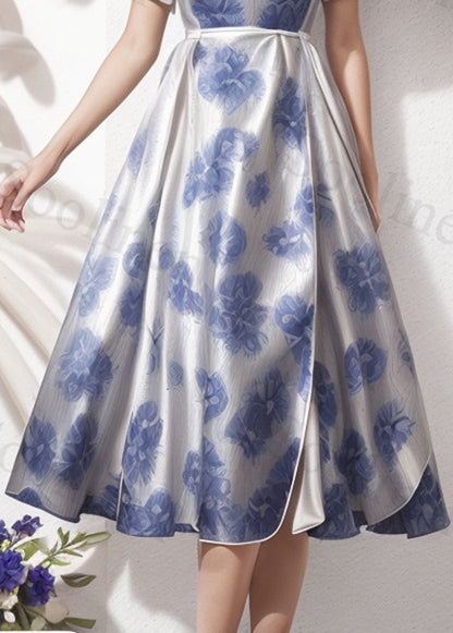 Handmade Blue Ruffled Cinched Print Silk Party Dress Summer
