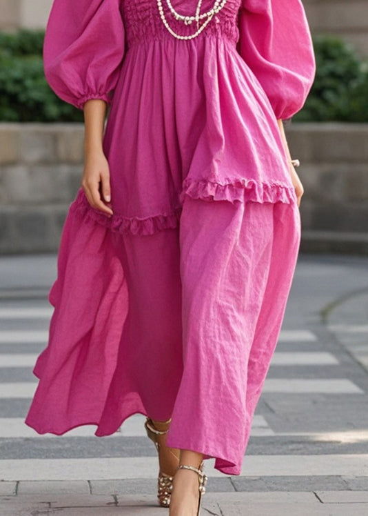 Rose Ruffled Wrinkled Cotton Party Dress Fall