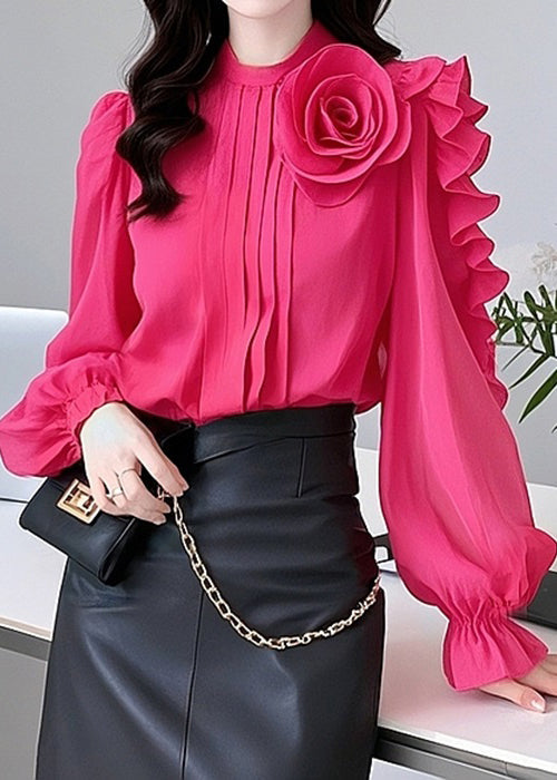 Rose Ruffled Cotton Blouses Fall