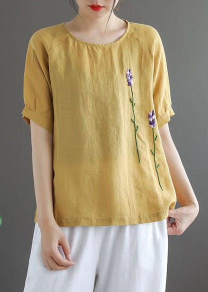 Ginger Embroideried Linen Tops Short Sleeve