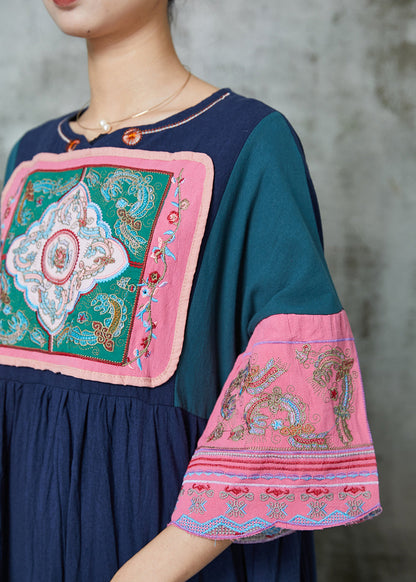 Style Navy Embroidered Patchwork Linen Dresses Summer