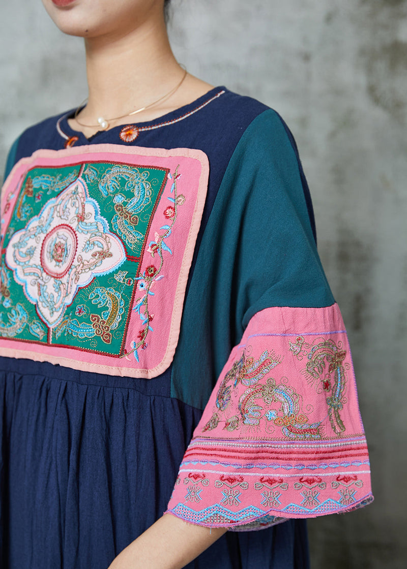 Style Navy Embroidered Patchwork Linen Dresses Summer