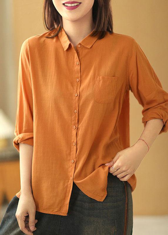 Orange Peterpan Collar Button Pockets Fall Long Sleeve Blouse Top