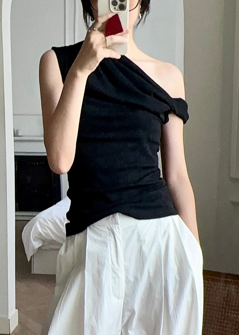 Black Asymmetrical Cotton Tops Sleeveless