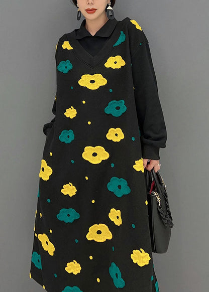 Black Peter Pan Collar Patchwork Print Cotton Fake Two Piece Dress Spring