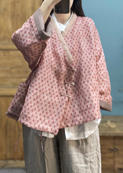 Pink Print Button Pockets Cotton Filled Coat Winter