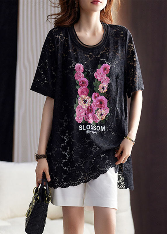 Black O-neck Print Hollow Out Lace Top Short Sleeve