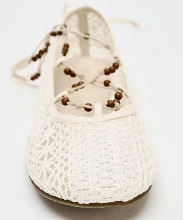 New White Knit Fabric Lace Up Hollow Out Flat Shoes