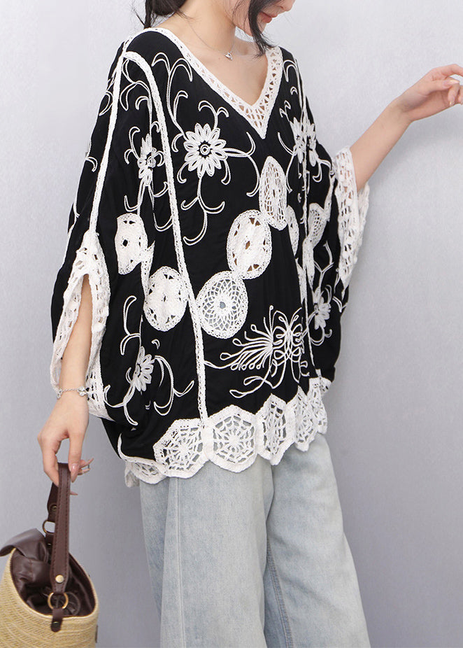 Black Print Hollow Out Tanks Batwing Sleeve
