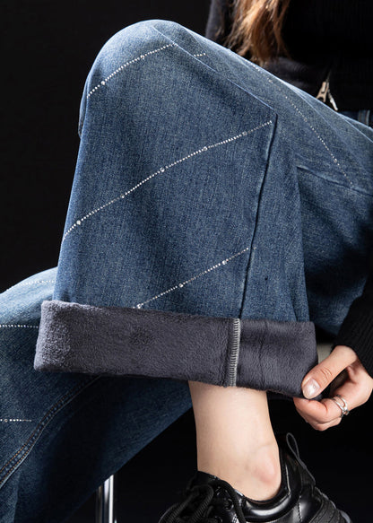 Stylish Blue Pockets Zircon Warm Fleece Denim Pants Spring