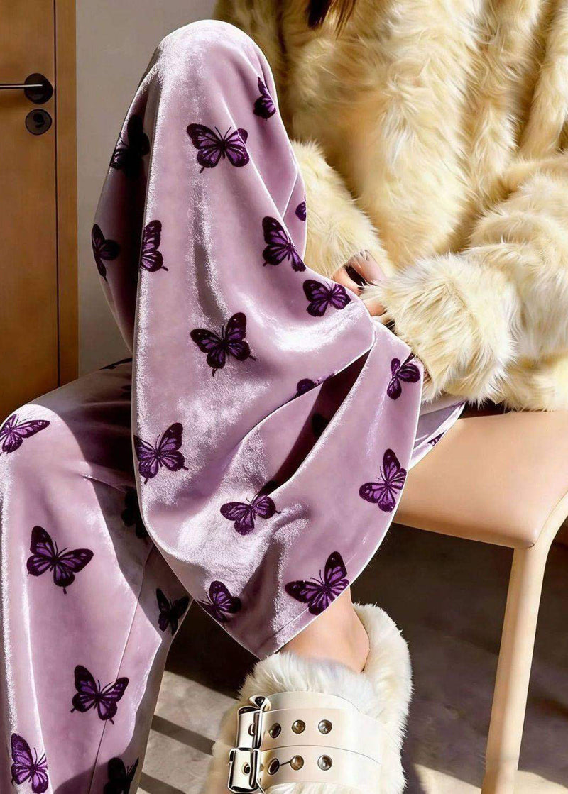 Purple Print Draping Silk Velvet Wide Leg Pants