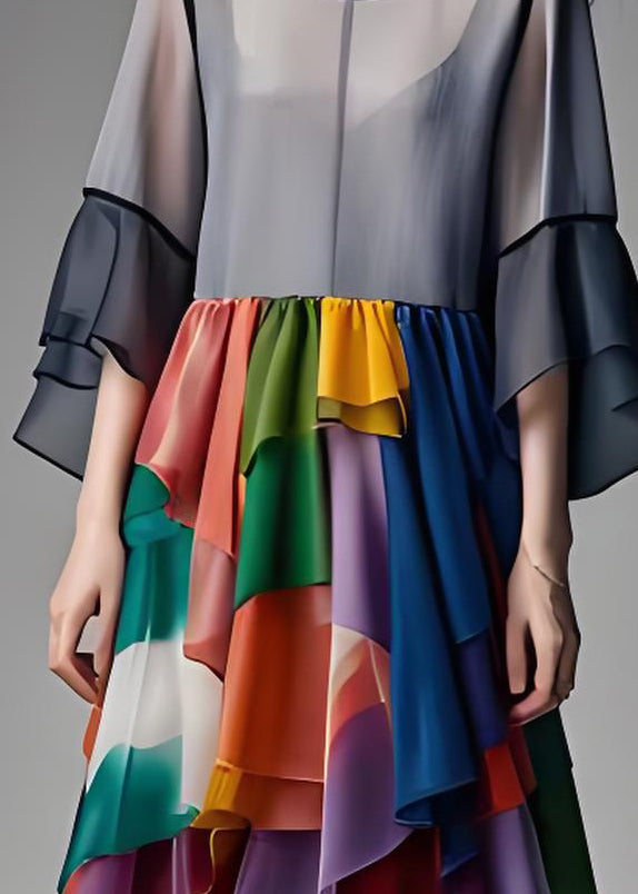 Grey Asymmetrical Design Wrinkled Patchwork Chiffon Dresses Summer