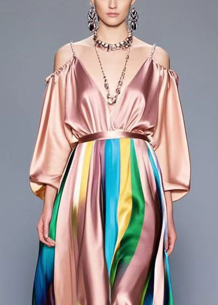 Rubber Red Cold Shoulder Patchwork Silk Ankle Dress Fall