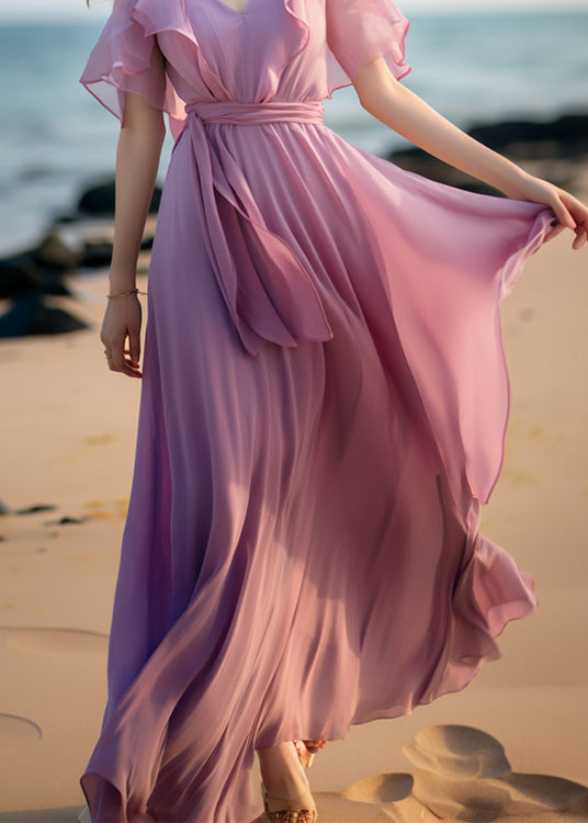 French Pink Tie Waist Patchwork Chiffon Dresses Butterfly Sleeve Summer