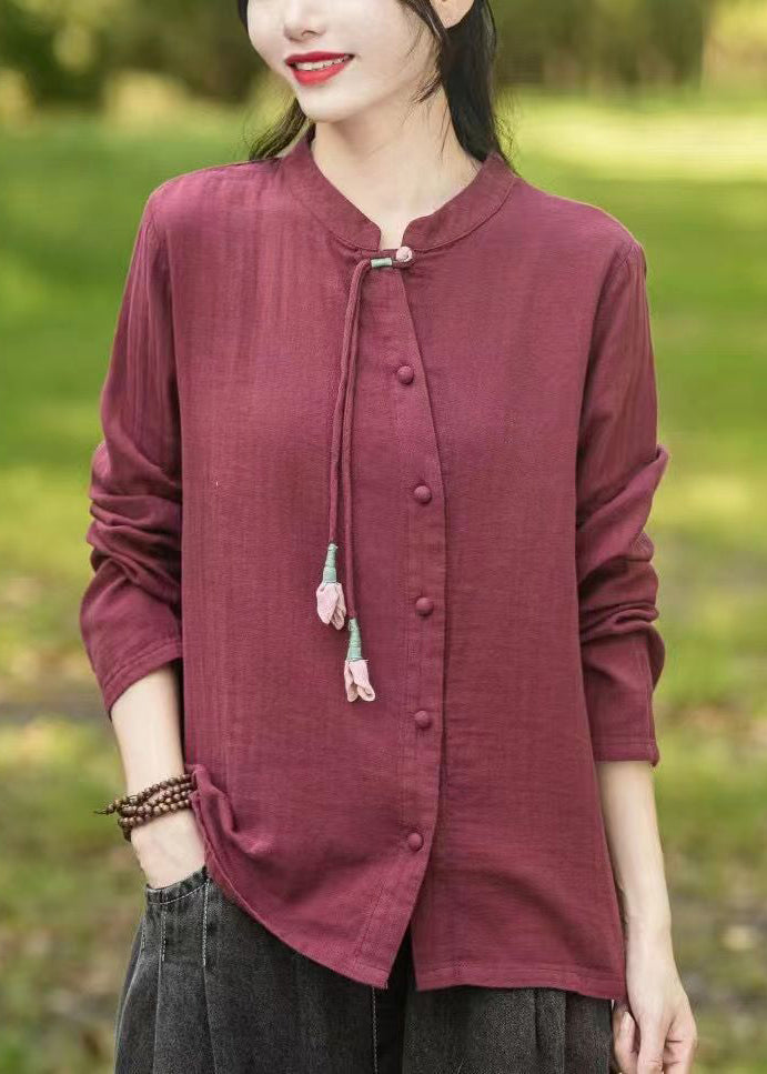 Mulberry Stand Collar Tasseled Patchwork Cotton Shirts Fall