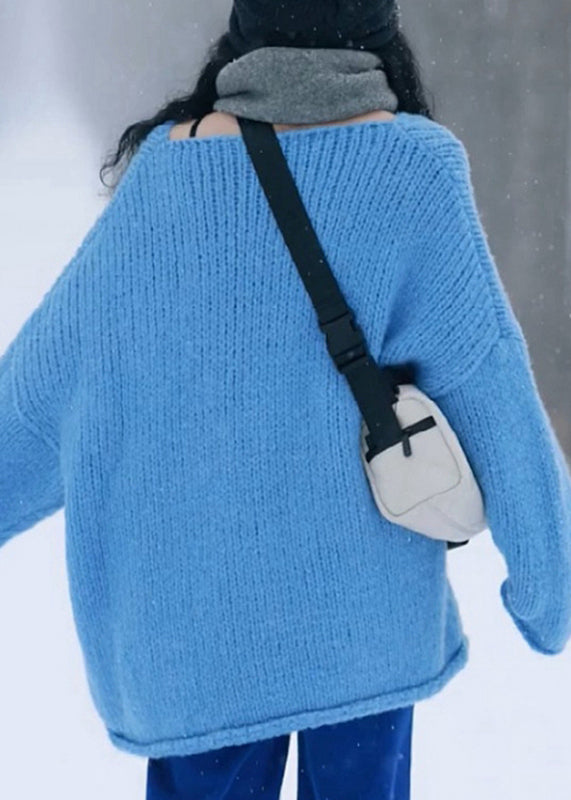 Simple Blue O-neck Cozy Thick Cotton Knit Sweater Long Sleeve