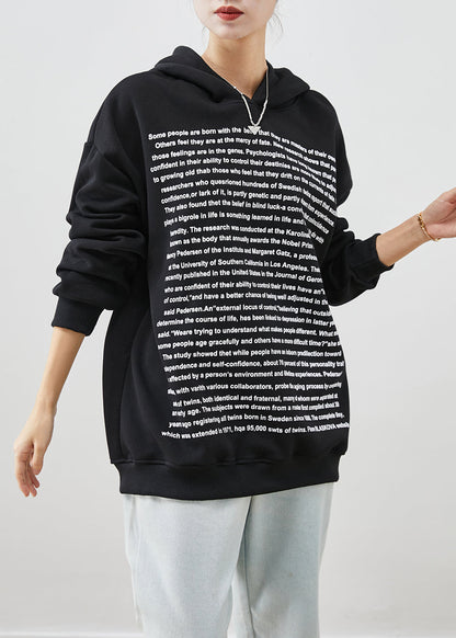 Fine Black Hooded Letter Print Cotton Sweatshirt Fall