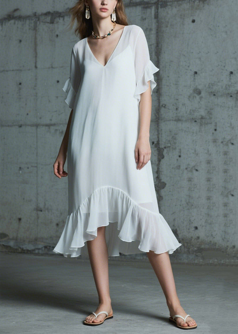 Italian White Ruffled Patchwork Chiffon Long Dress Summer