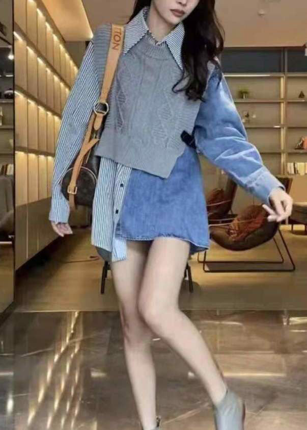 Colorblock Denim Patchwork Knit Striped Cotton Shirts Spring