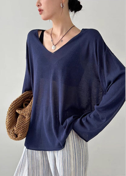 Simple Navy Oversized Cotton Upf 50+ Top Fall