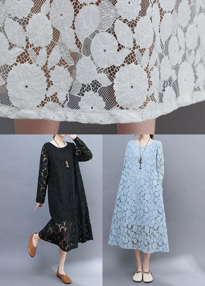 Black Hollow Out Lace a Line Dress O-neck Summer