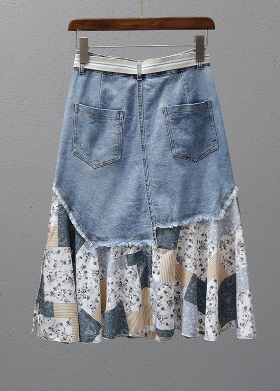Denim Blue Print Patchwork High Waist Maxi Skirt Summer