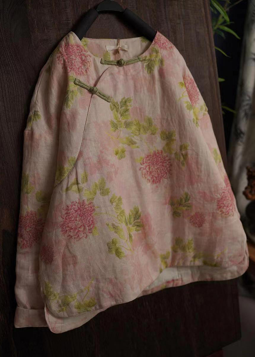 Pink Peony O-neck Print Fine Cotton Filled Winter Coats Long Sleeve