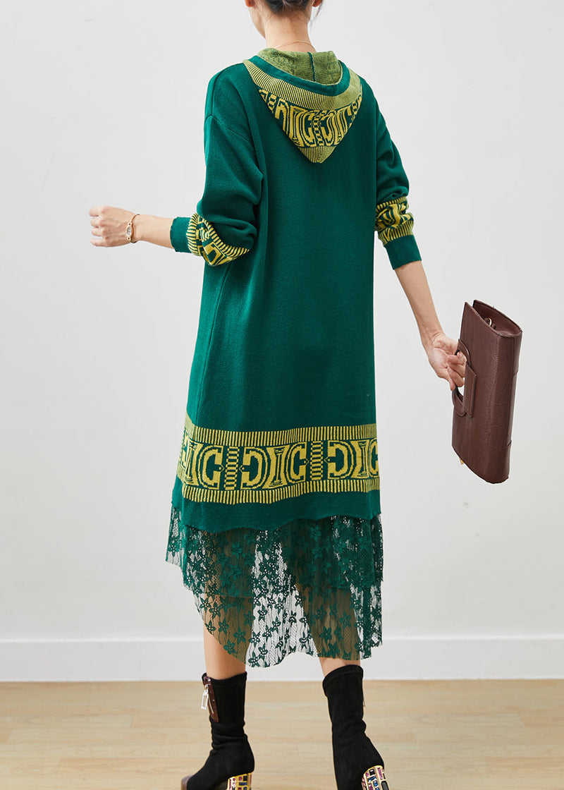 Green Hooded Patchwork Lace Knit Vacation Dresses Spring